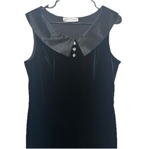 Vintage 90s Betsy's Things Velvet Black‎ Dress L w/ Satin Collar 3 Button Bling
